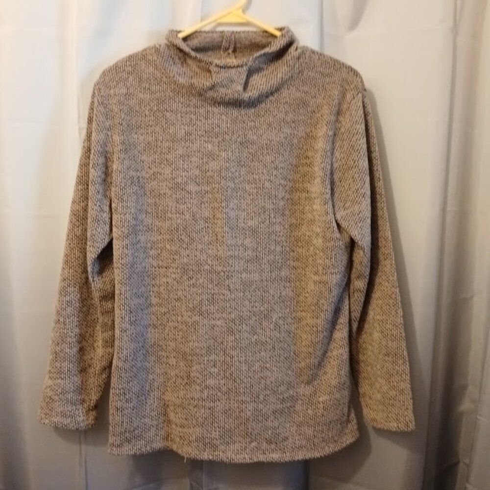 New Lightweight Fuzzy Cowl neck Sweater Top womens M Peachy Taupe Black crochet
